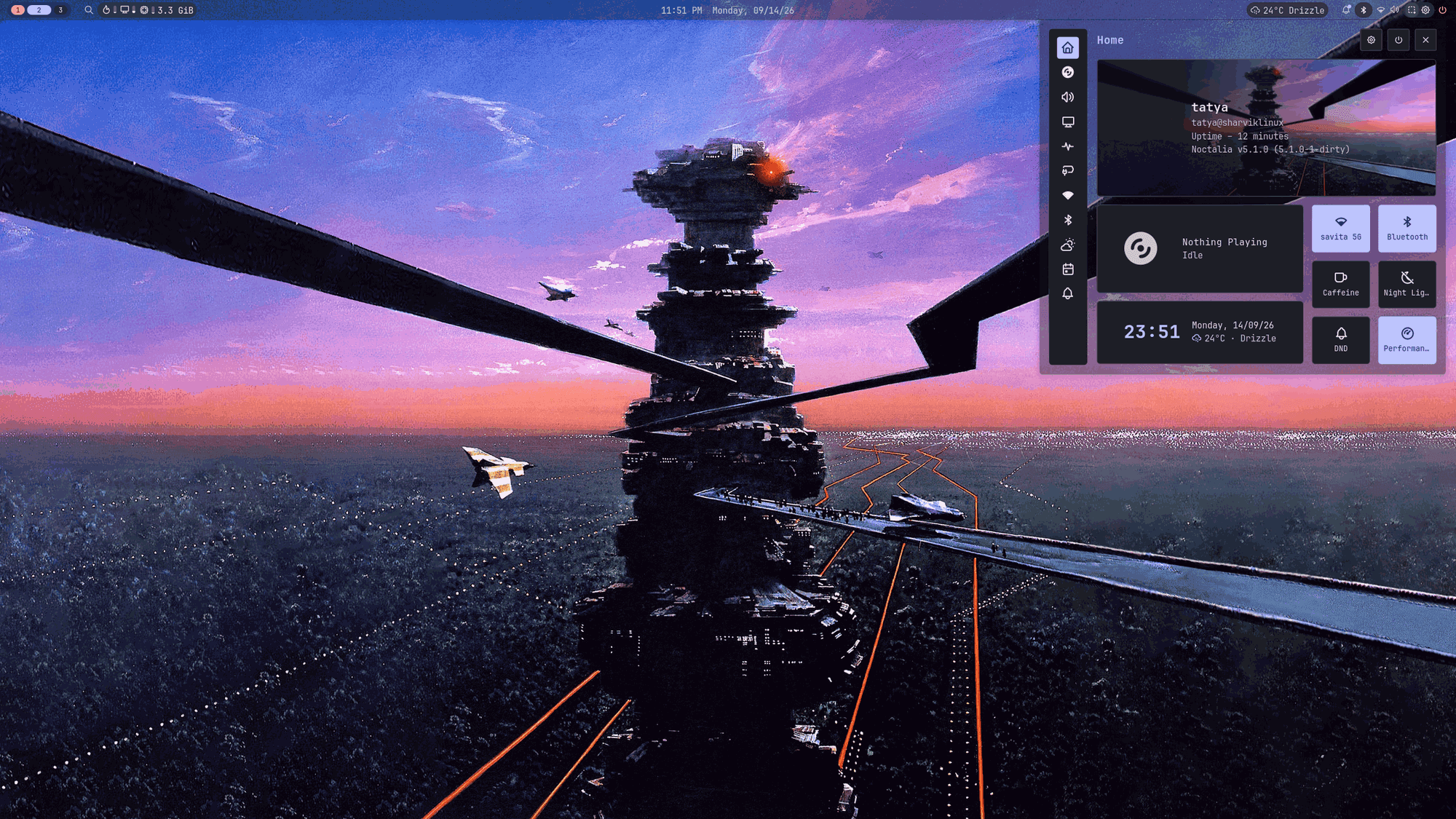 A translucent Noctalia control center panel floating over a sci-fi wallpaper on Hyprland