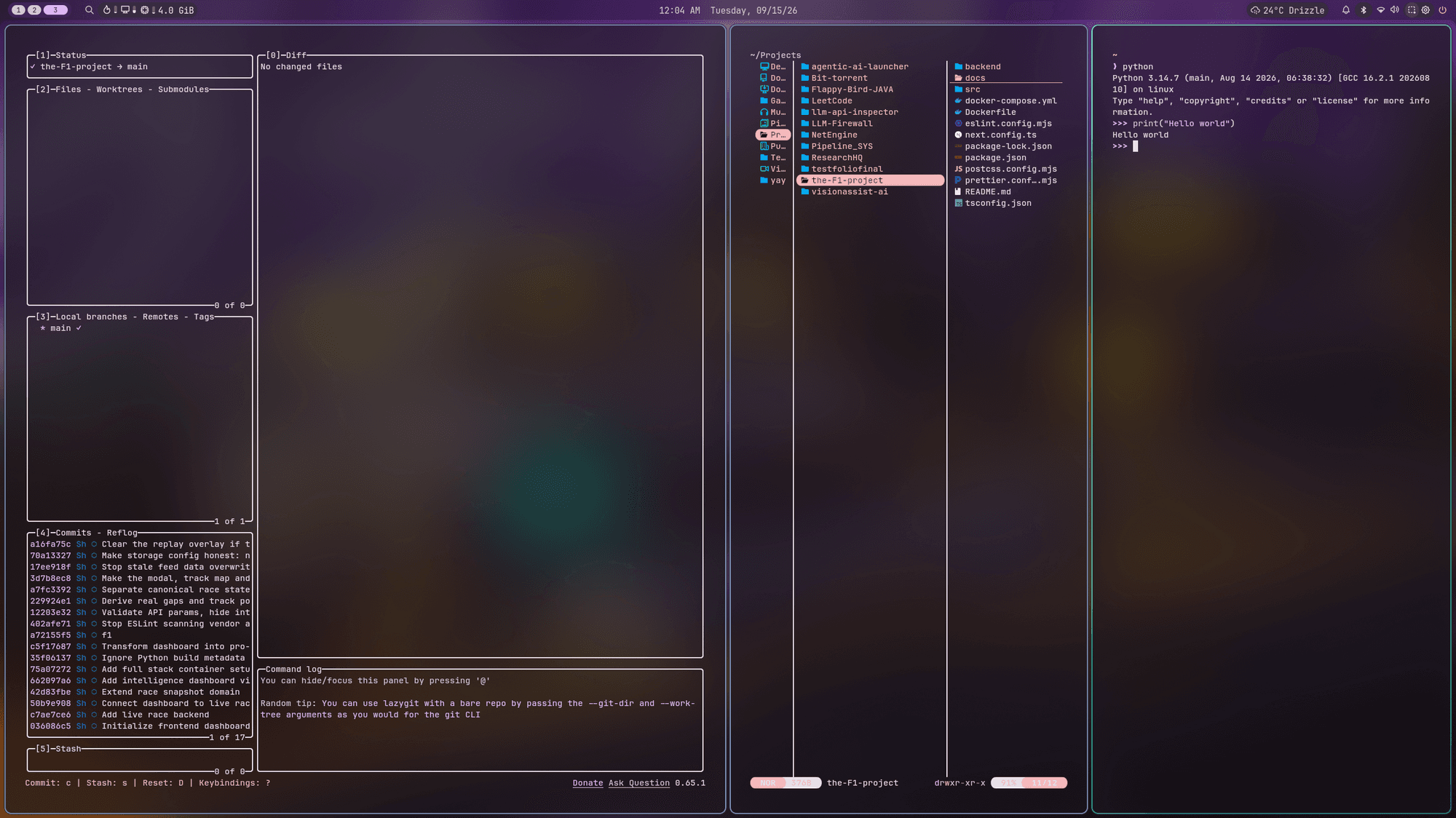 lazygit, the yazi file browser, and a Python REPL side by side in a terminal session